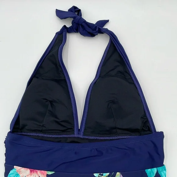 CUPSHE Blue Floral Plunge Halter Tie Neck Tummy Control One-Piece Swimsuit - Picture 8 of 13